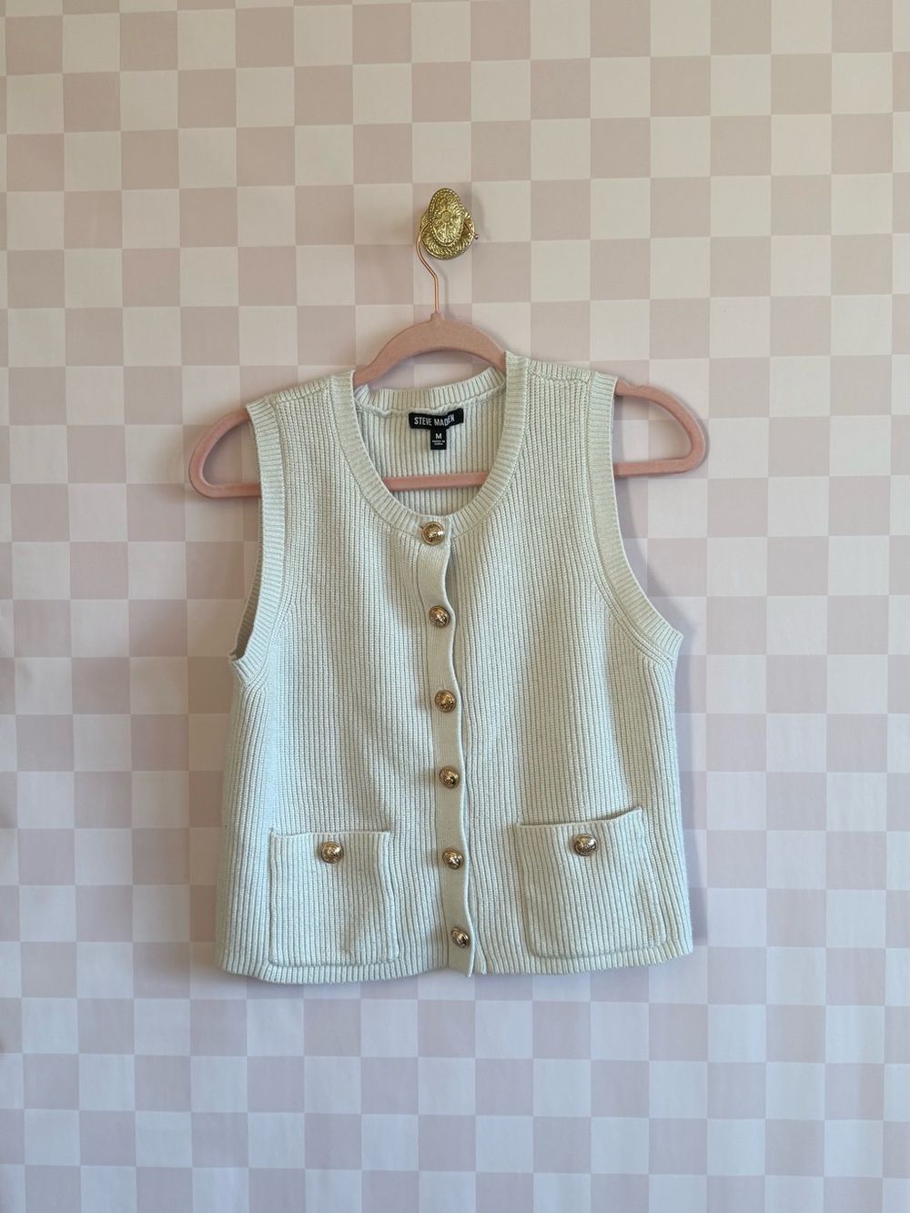 🧶🦊🍄🍁🍂🌻🌞 
Steve Madden Cream Ribbed Button Vest with Gold Buttons